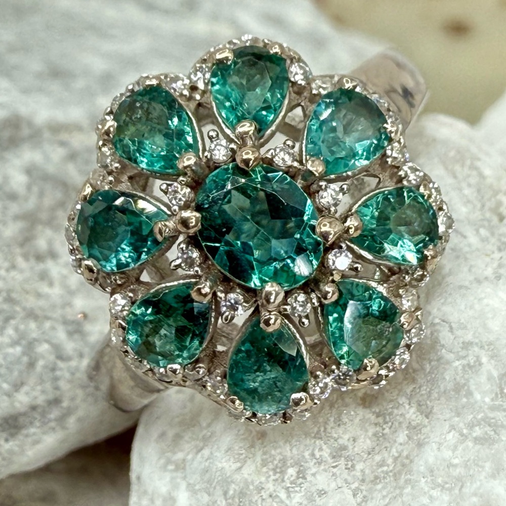 Indian Ocean Apatite & Moissanite Floral Cluster Ring 2.00 ctw Platinum Over 925
